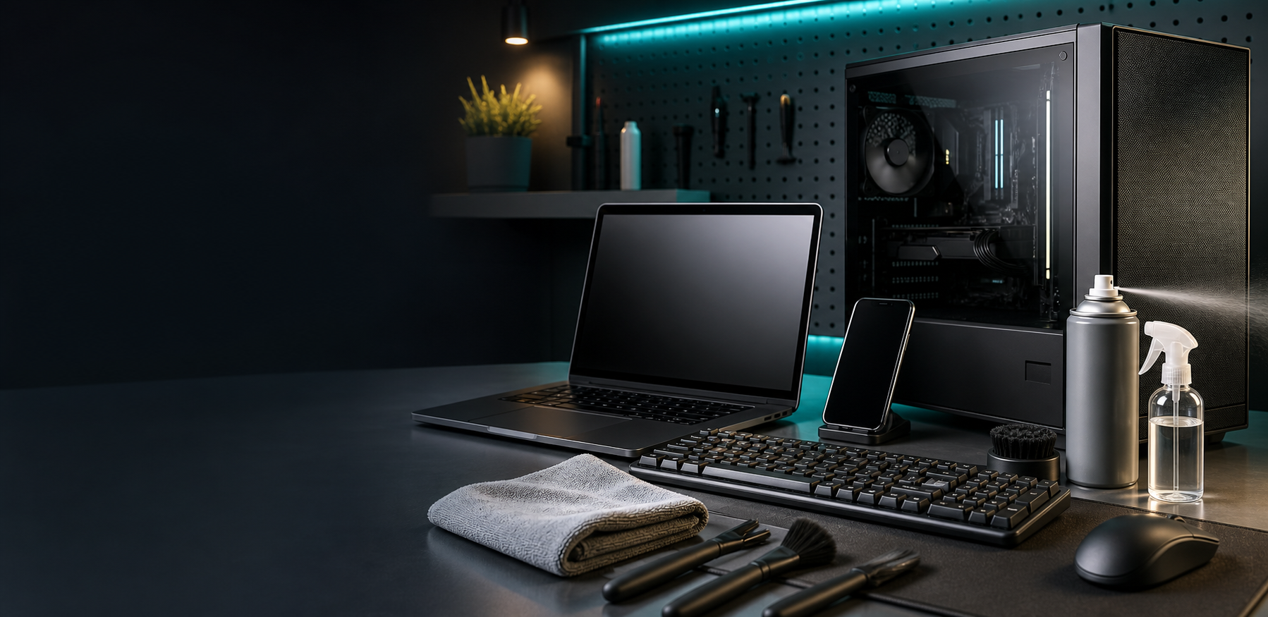 Precision technology cleaning setup with computer equipment, detailing tools, and clean blue lighting
